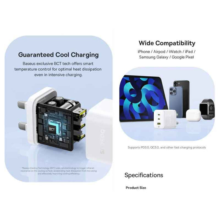 Baseus Palm Fast Charger 2C-U 65W UK  +1M Cable C Moon White BA.P1011160D213-01.WT