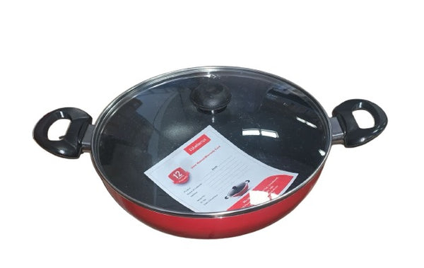 Blueberry’s Nonstick Kadai with Glass Lid 3mm Thickness Non Induction Base 24 cm Red