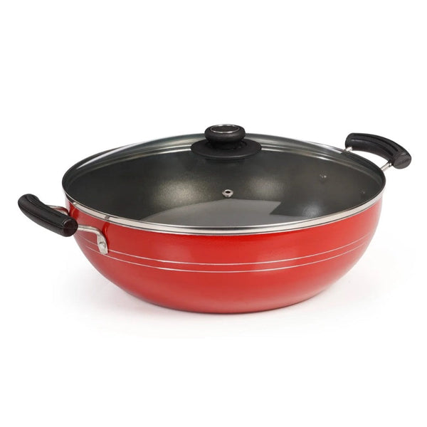 Blueberry’s Nonstick Kadai with Glass Lid 3mm Thickness 24 cm Red