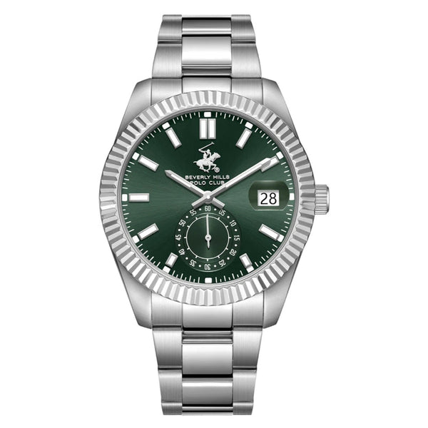 Beverly Hills Polo Club Men Silver Stainless Steel Analog Green Dial Watch BP3652X370