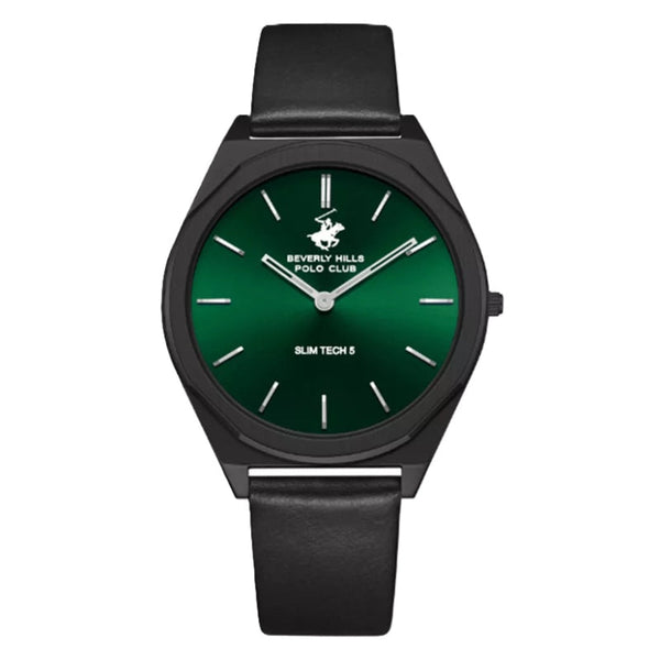 Beverly Hills Polo Club Men Black Leather Analog Green Dial Watch BP3712X671