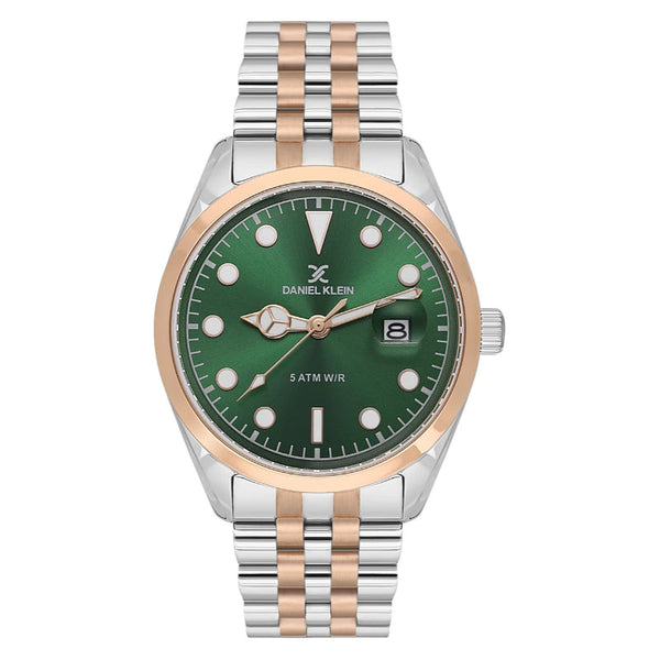 Daniel Klein Men Silver and Rose Gold Stainless Steel Analog Green Dial Watch DK1138355