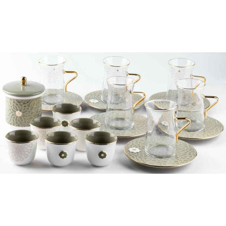 Otantik Tea And Arabic Coffee Set 19 pcs from Asalah Olive Gold 150 cc ET2546