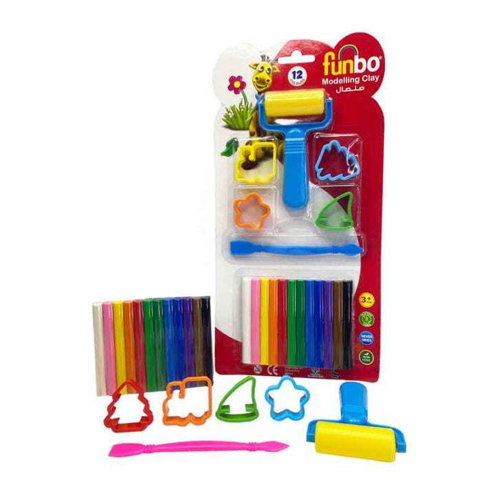 Funbo Modelling Clay 100g, 12 Colors with 4 Moulds 1 Roller 1 Cutter