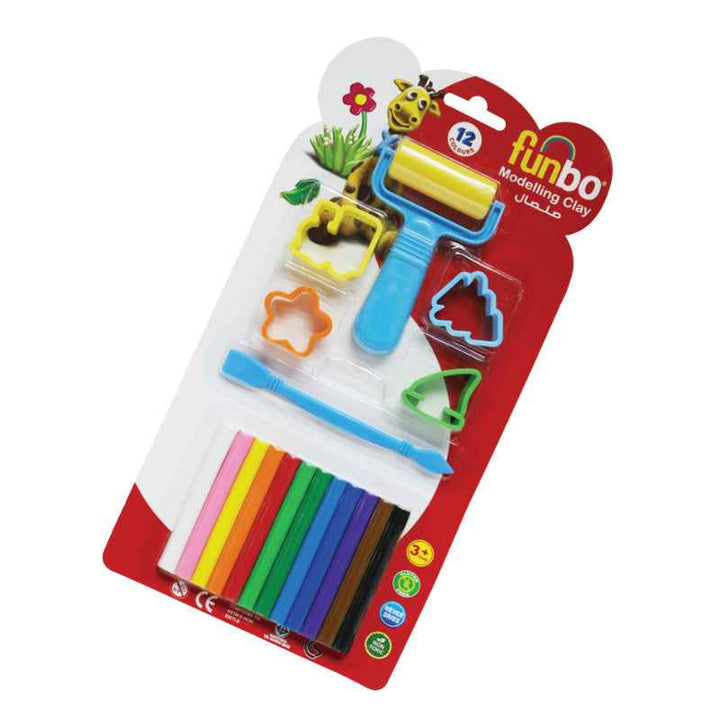 Funbo Modelling Clay 100g, 12 Colors with 4 Moulds 1 Roller 1 Cutter