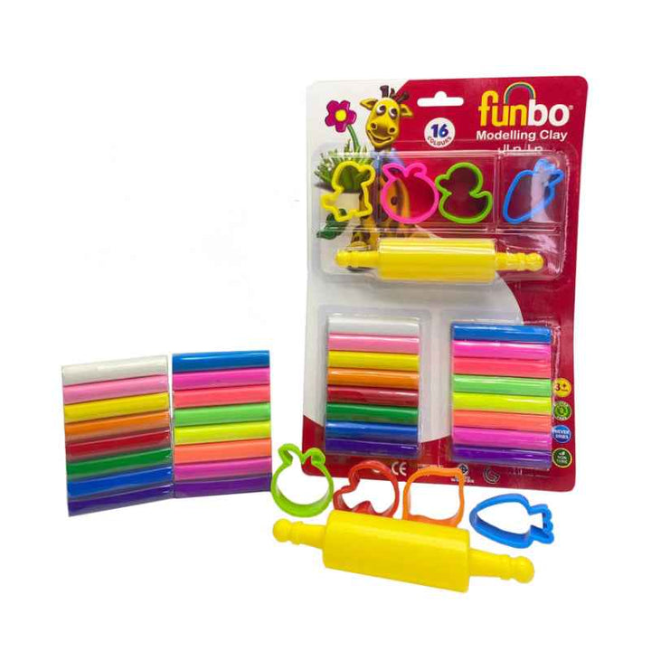Funbo Modelling Clay 200g 16 Colors with 4 Moulds and 1 Roller