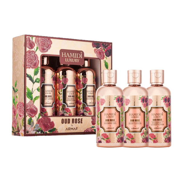 Hamidi Pack Luxury Oud Rose 95ml Shower Gel, 95 ml Body Lotion, 95 ml Shampoo Cum Conditioner 3pcs Gift Set