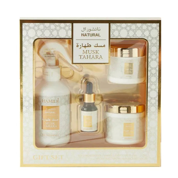 Hamidi Natural Musk Tahara Air Freshner 300 ml, 50 grams Bakhoor, 40 Muattar, 15 ml Diffusion Oil 4pcs Gift Set