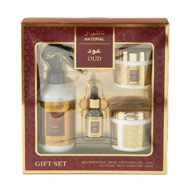 Hamidi Natural Oud Air Freshner 300 ml, 50 grams Bakhoor, 40 Muattar, 15 ml Diffusion Oil 4pcs Gift Set