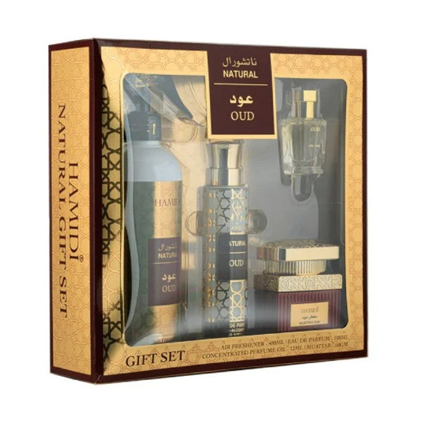 Hamidi Natural Oud Air Freshner 480 ml, 50 grams Muattar, 100 ml EDP and 12 ml CPO 4pcs Gift Set