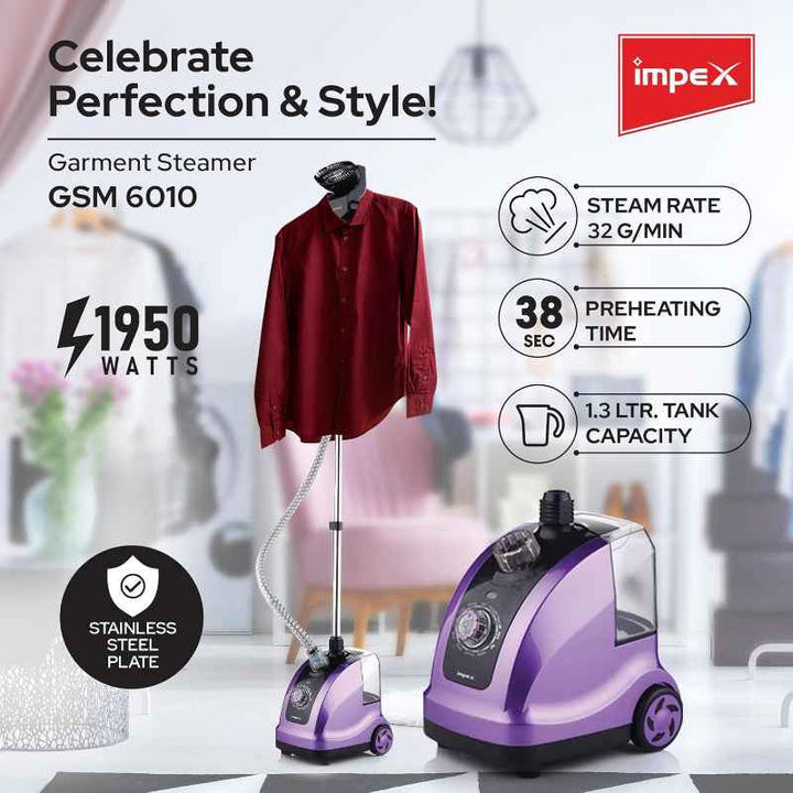 Impex Garment Steamer 1950W 1.3 Liter Purple IMGSM6010
