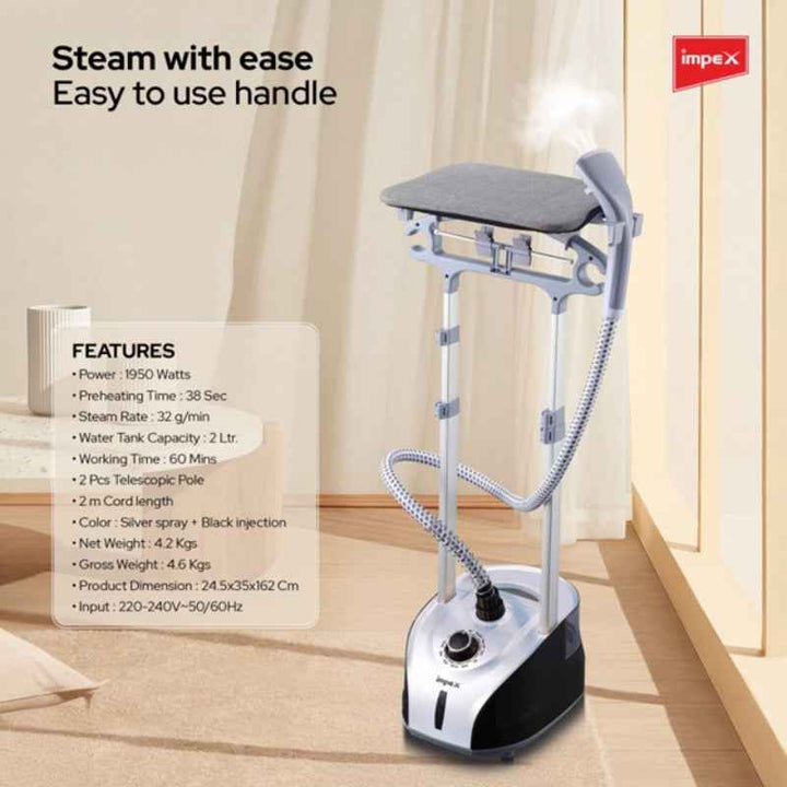 Impex Garment Steamer 1950W 2 Liter Silver Black IMGSW6016