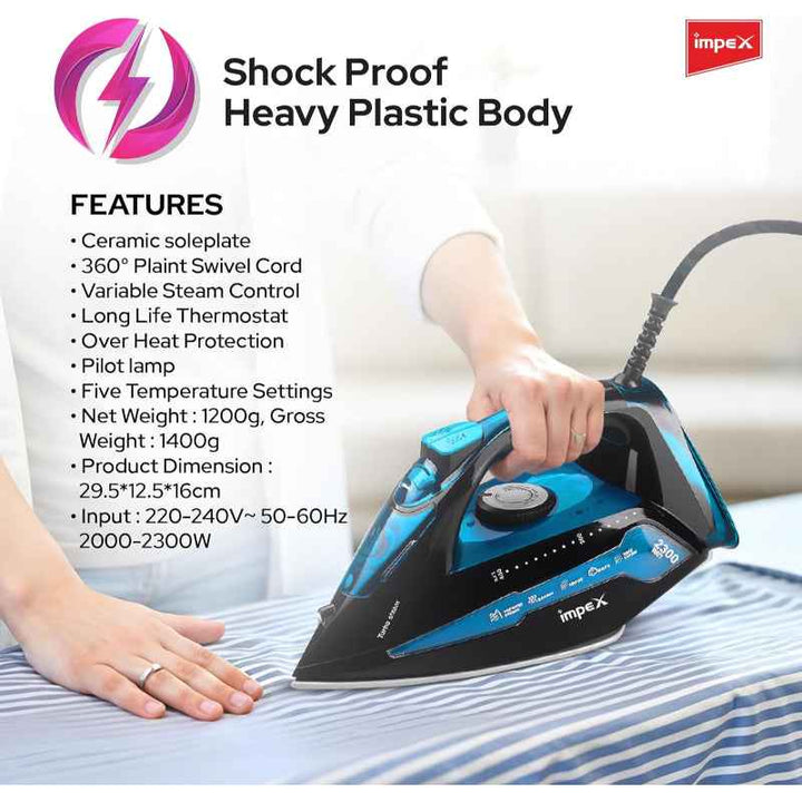 Impex Electric Steam Iron Ceramic 2300W Blue Black IMIBS404