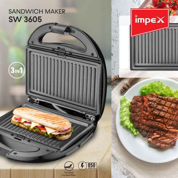 Impex 3in1 Sandwich Maker Grill 2 Slice 850W Black IMSW3605