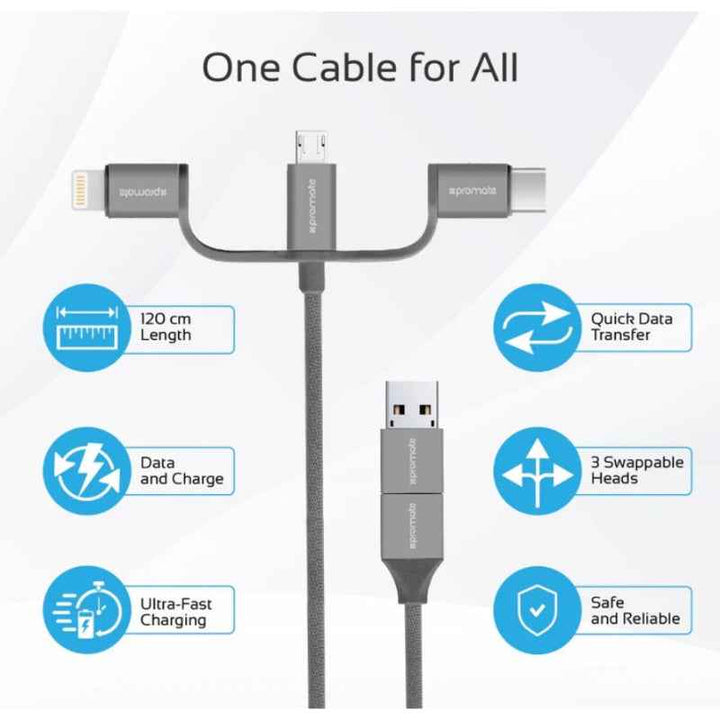 Promate UNILINK‐TRIO2 6in1 Charger Cable 1.2M Grey UNILINK‐TRIO2